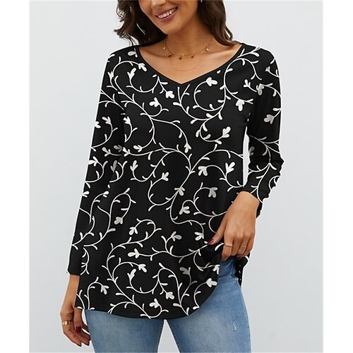 

Women's T shirt Tee Black Floral Print Long Sleeve Holiday Weekend Daily Basic V Neck Regular Fit Floral Painting Fall Winter