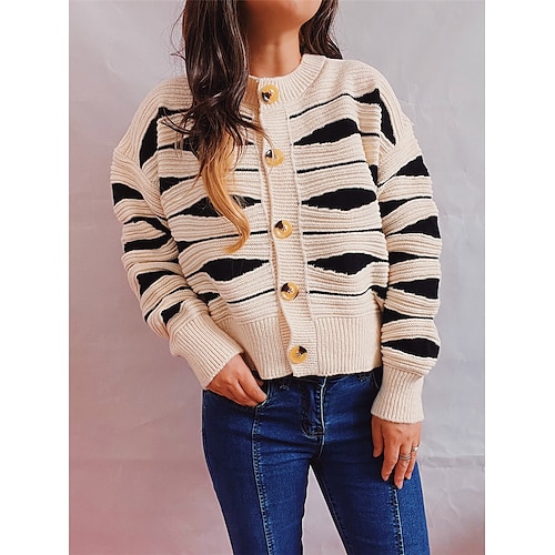 

Mujer Chaqueta de Punto Puente Estriado Tejer Botón Bloque de color Cuello Barco Elegante Casual Diario Noche Otoño Invierno Rosa Verde Trébol S M L