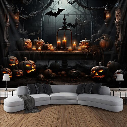 

Tapiz colgante de murciélago de calabaza de halloween, arte de pared, tapiz grande, decoración mural, fotografía, telón de fondo, manta, cortina, hogar, dormitorio, sala de estar, decoración