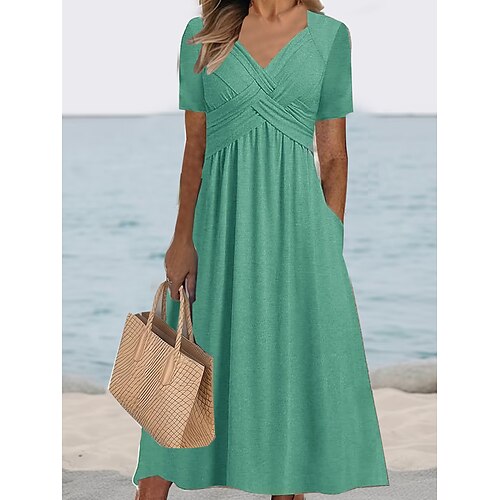 

Women's Casual Dress Summer Dress Plain Dress Midi Dress Ruched Pocket Outdoor Daily Vacation Fashion Modern V Neck Short Sleeve 2023 Loose Fit Black Blue Green Color M L XL XXL 3XL Size