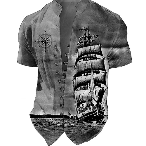 Men's Shirt Graphic Prints Vintage Sailboat Stand Collar Blue-Green ...