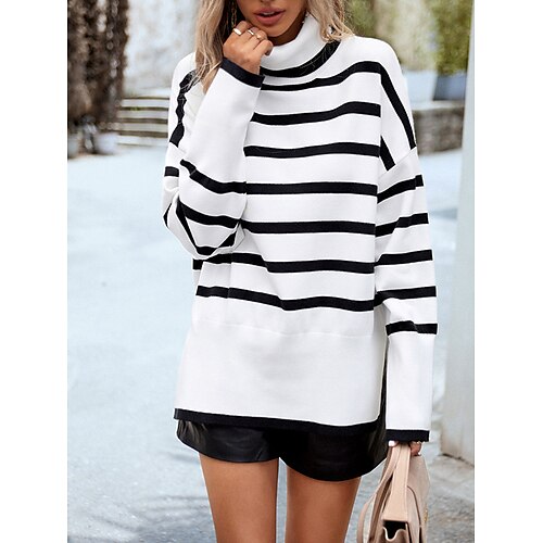 

Women's Pullover Sweater Jumper Jumper Ribbed Knit Split Stripe Striped Turtleneck Stylish Casual Outdoor Daily Summer Fall Black White S M L