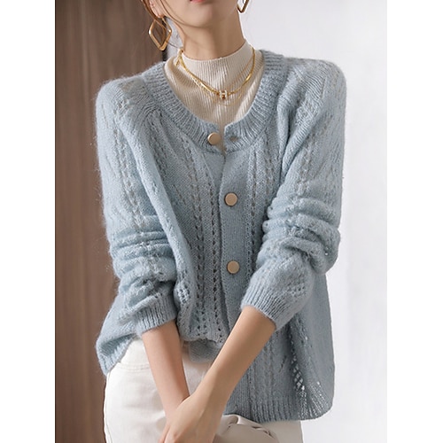 

Women's Cardigan Sweater Jumper Ribbed Knit Button Solid Color V Neck Stylish Casual Outdoor Daily Fall Winter Blue S M L