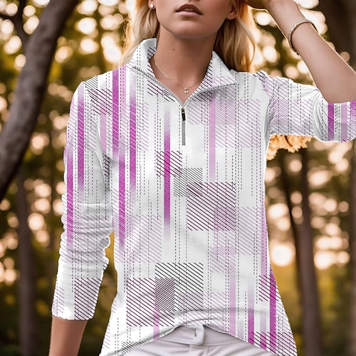 

Mulheres Camisa polo de caminhada Camisa de golfe Respirável Secagem Rápida Pavio Humido Manga Longa Vestuário de golfe Roupas de golfe Normal Zíper Colarinho Alto Listra Primavera Outono Tênis Golfe