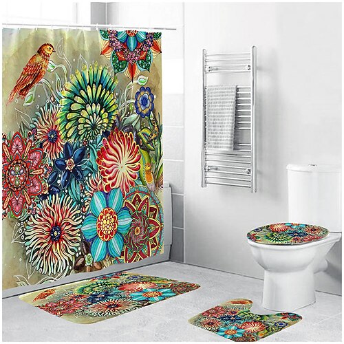 

Bohemian Flower Shower Curtain, Bathroom Rug, Toilet Lid Cover, Bath Mat, Waterproof Polyester Curtain for Windows with 12 Plastic Hooks