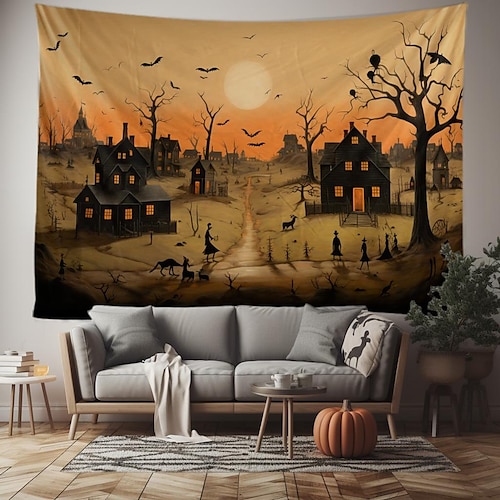 

Halloween Creepy House Hanging Tapestry Wall Art Large Tapestry Mural Decor Photograph Backdrop Blanket Curtain Home Bedroom Living Room Decoration