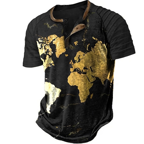 

Map Graphic Prints Fashion Basic Casual Men's 3D Print Henley Shirt Graphic Tee Raglan T Shirt Vintage Shirt Outdoor Daily Going out T shirt Black Navy Blue Green Short Sleeve Henley Shirt Spring