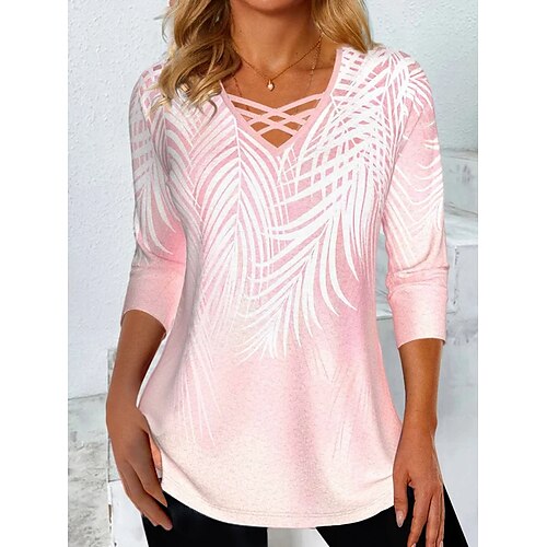 

Damen T Shirt Rosa Blatt Bedruckt Langarm Täglich Wochenende Basic V Ausschnitt Blume Farbe