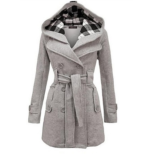 

Women's Winter Coat Long Overcoat with Belt Elegant Pea Coat with Plaid Hood Double Breasted Warm Windproof Trench Coat Stylish Contemporary Casual Jacket Long Sleeve Black