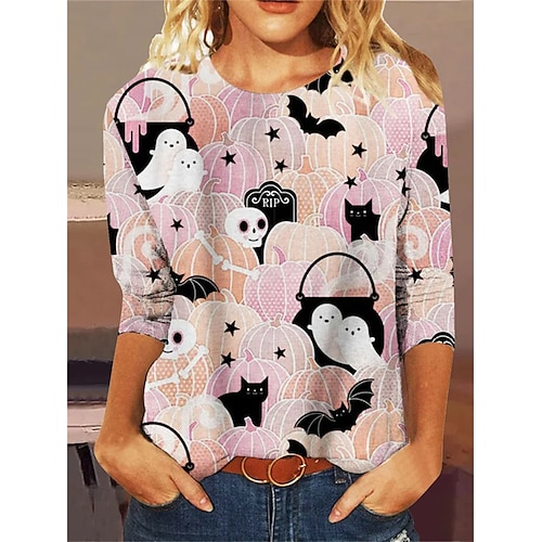 

Damen T Shirt Halloween-Shirt Schwarz Weiß Rosa Katze Kürbis Bedruckt Langarm Halloween Wochenende Basic Rundhalsausschnitt Regular Fit Farbe