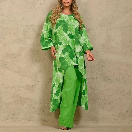 Femme Chemise Ensembles de pantalons Vert Claire Bleu Vert Floral Imprimer Sans Manches Casual Vacances Vêtement de rue Col Rond