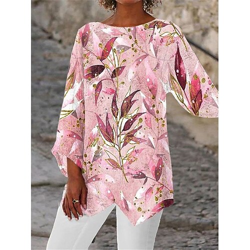 

Damen Hemd Bluse Rosa Pudriges Rosa Grün Graphic Blumen Asymmetrisch Bedruckt Langarm Casual Basic Rundhalsausschnitt Blume