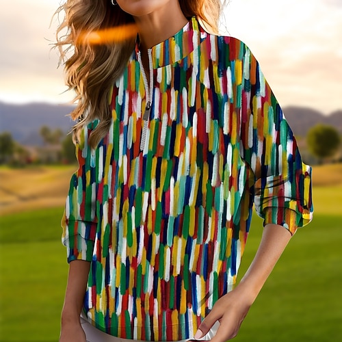 

Damen poloshirt Golfhemd Atmungsaktiv Schnelltrocknend Feuchtigkeitsableitung Langarm Golfbekleidung Golfkleidung Regular Fit Zip Stehkragen Bedruckt Frühling Herbst Tennis Golfspiel Pickleball