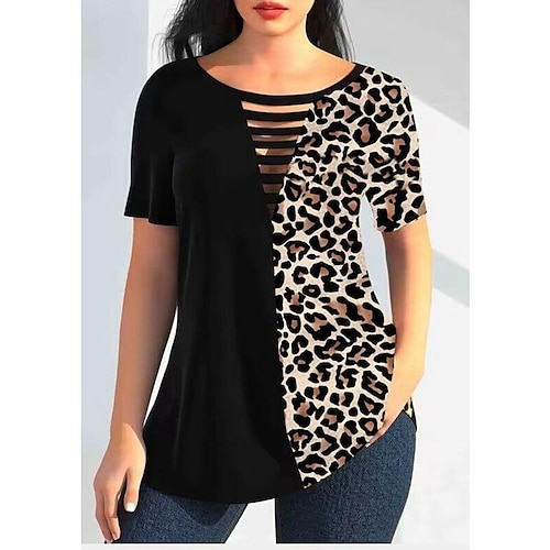 

Mujer Camiseta Negro Leopardo Cortado Estampado Manga Corta Diario Fin de semana Básico Escote Redondo Pintura