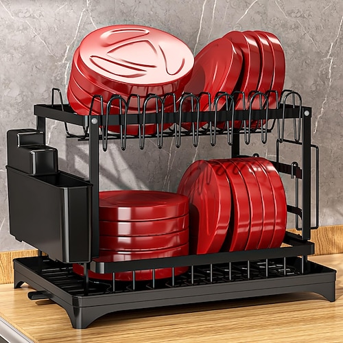 2-Tier Dish Drying Rack for Kitchen Counter with Swivel Spout, Drainin –