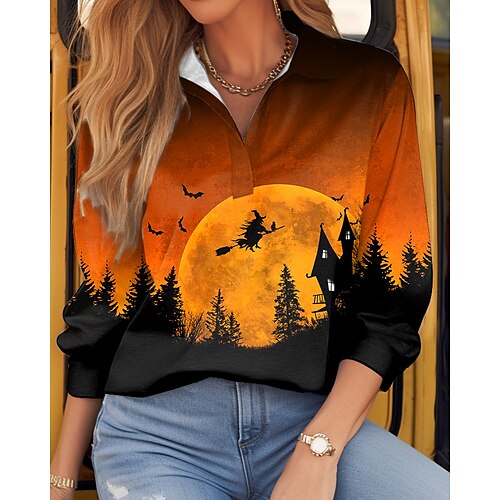 

Damen Zur Seite fahren Halloween Sweatshirt Strassenmode Blau Purpur Orange Graphic Halloween V Ausschnitt Langarm Oberteil Mikro-elastisch Herbst Winter