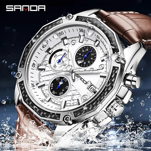 

sanda reloj de cuarzo para hombre tres ojos y seis agujas reloj de pulsera de cuarzo analógico de moda reloj multifunción cronógrafo calendario reloj de cuero reloj masculino 5301