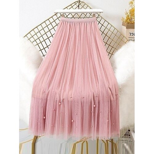 

Femme Jupe Trapèze Midi Polyester Noir Amande Rose Claire Bleu Poudré Jupes Eté Plissé Perlé Mode Décontractées Plein Air du quotidien Taille unique