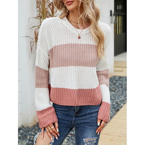 

Women's Pullover Sweater Jumper Jumper Crochet Knit Stripe Color Block Crew Neck Stylish Casual Outdoor Daily Summer Fall Yellow Pink S M L