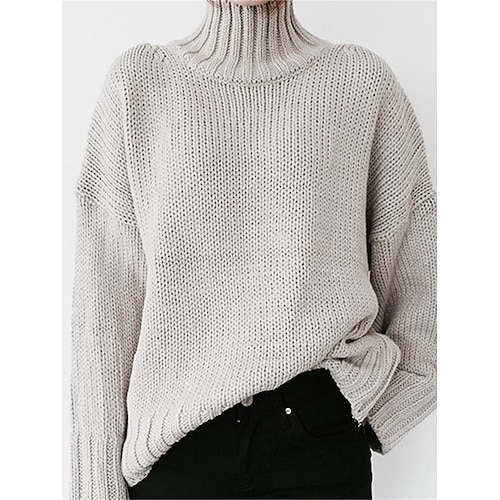 

Mujer Suéter de punto Puente Estriado Tejer De Gran Tamaño Color sólido Cuello Alto Elegante Casual Diario Noche Otoño Invierno Negro Blanco S M L