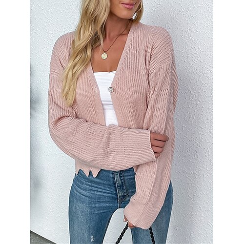 

Mulheres Sueter Cardigan Saltador Estriado Tricotar Botão Côr Sólida Decote V à moda Casual Ao ar livre Diário Verão Outono Rosa S M L