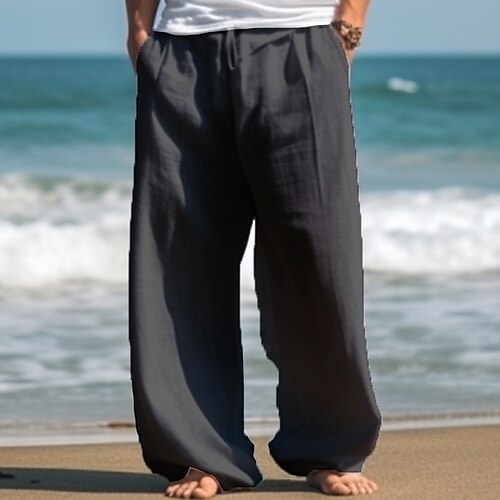 Men's Cotton And Linen Elastic Waist Blended Breathable Comfortable Soft  Beach Casual Trousers Full Length Pants Wide Leg ,White,S