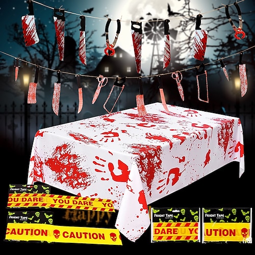 

decoración de terror de halloween festival fantasma cuchillo de sangre bandera tirar sangre impresión a mano mantel conjunto de cinturón de advertencia decoración de atmósfera de halloween