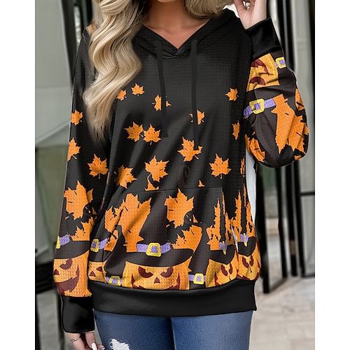 

Women's Hoodie Sweatshirt Pullover Halloween Sweatshirt Basic Front Pocket Pink Blue Orange Graphic Halloween Hoodie Long Sleeve Top Micro-elastic Fall Winter