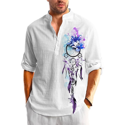 

Men's Shirt Linen Shirt Floral Graphic Prints Stand Collar Light Purple Purple Outdoor Street Long Sleeve Print Clothing Apparel Linen Fashion Streetwear Designer Casual