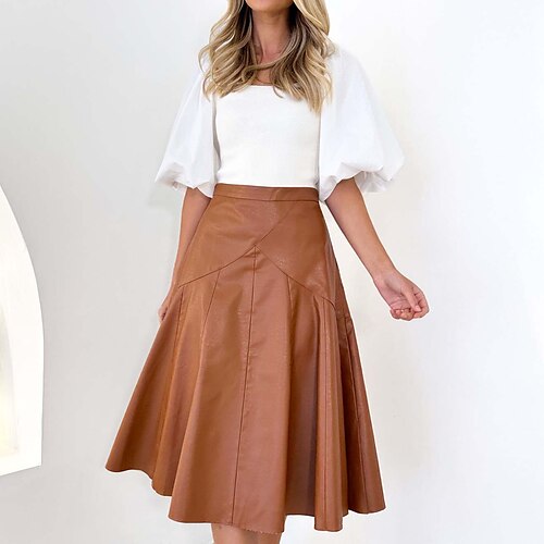 

Women's A Line Midi Vegan Faux Leather Black khaki Skirts Fall Winter Pleated Fashion Street Causal S M L