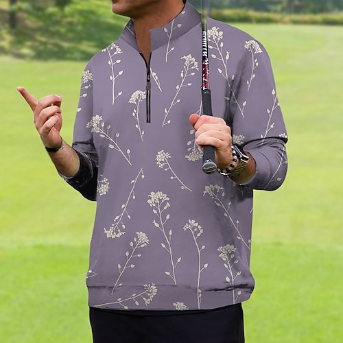 

Homens Camisa polo de caminhada Camisa de golfe Respirável Secagem Rápida Pavio Humido Manga Longa Vestuário de golfe Roupas de golfe Normal Zíper Colarinho Alto Floral Primavera Outono Tênis Golfe