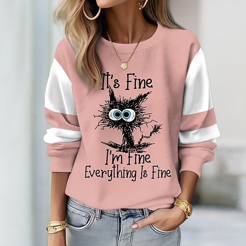 

Women's Sweatshirt Pullover Cat Letter Basic Pink Blue Purple Street Casual Round Neck Long Sleeve Top Micro-elastic Fall Winter