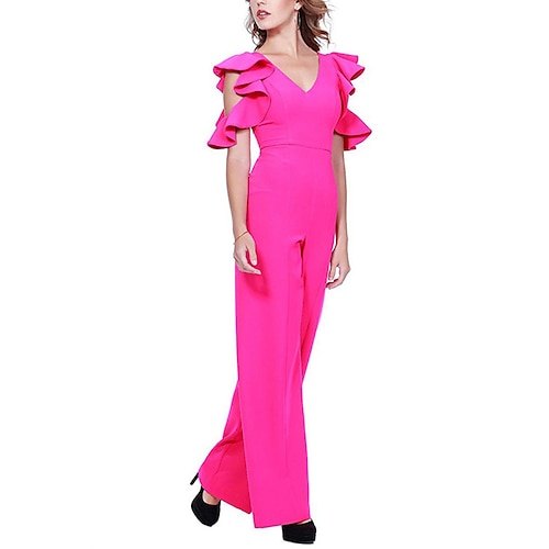 

Damen Jumpsuit Rüsche Feste Farbe V Ausschnitt Strassenmode Ausgefallene Party Abiball Regular Fit Kurzarm Schwarz Fuchsie S M L XL Sommer