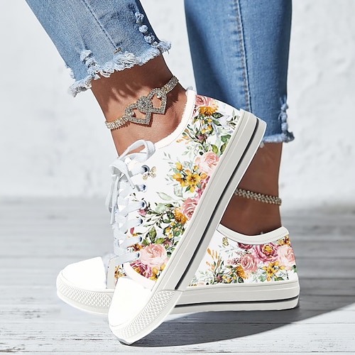 

Femme Basket Chaussures en Toile Chaussures d'impression Halloween du quotidien Lacet Talon Plat Bout rond Vacances Décontractées Confort Toile Lacet Floral Blanche