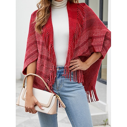 

Pull poncho Maille Femme A côtes Tricoter Franges Ourlet Asymétrique Rayé Col V mode Décontractées Extérieur du quotidien Manches 3/4 Automne Hiver Noir Vin Taille unique