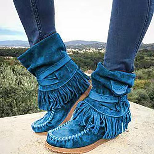 

Mulheres Botas Sapatos de camurça Borla Tênis Botas desleixadas Diário Botas da panturrilha Inverno Sem Salto Ponta Redonda Moda Estilo bonito Boêmia Camursa Sintética zíper Côr Sólida Preto Verde