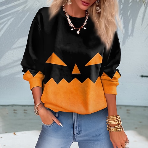 

Mujer Pull-over Sudadera de Halloween Básico Neón y brillante Morado Naranja Verde Trébol Graphic Víspera de Todos los Santos Escote Redondo Manga Larga Top Microelástico Otoño invierno