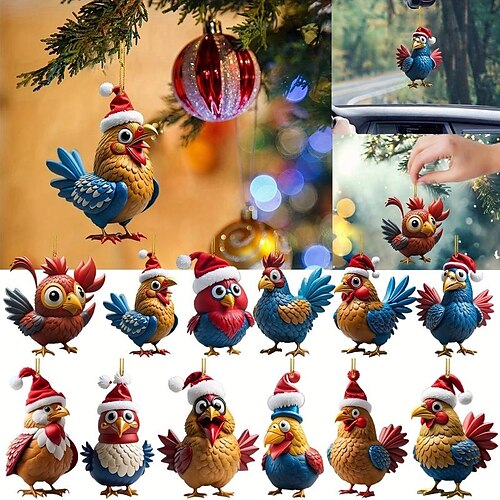 

Decoraciones navideñas, adornos para árboles de Navidad 2d, colgante de gallo de dibujos animados lindo, adorno colgante de pollo de Navidad acrílico, colgante para coche, decoración del hogar