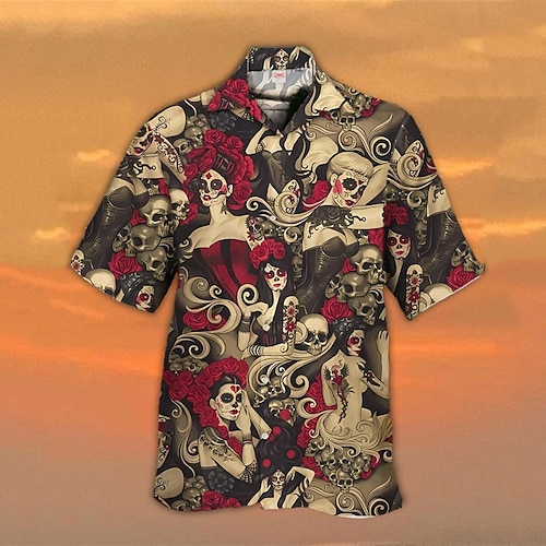 

Men's Shirt Skull Graphic Prints Cuban Collar Purple Khaki Rainbow Outdoor Casual Short Sleeve Print Clothing Apparel Sports Fashion Streetwear Designer