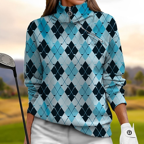 

Femme Sweat à capuche de golf Pull de golf Respirable Séchage rapide Evacuation de l'humidité manche longue Vêtements de golf Vêtements d'extérieur de golf Standard 1/4 Zip Col Montant Plaid Marrant