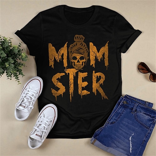 

Damen T Shirt Halloween-Shirt Schwarz Totenkopf Motiv Buchstabe Bedruckt Kurzarm Halloween Wochenende Basic Rundhalsausschnitt Regular Fit Farbe