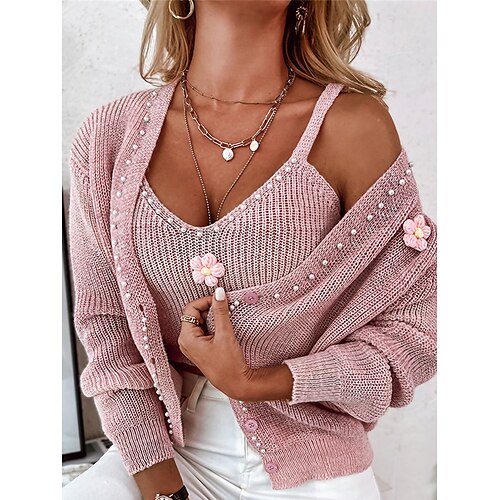 

Mujer Conjunto de suéter Puente Estriado Tejer Botón Color sólido Escote en Pico Elegante Casual Exterior Diario Otoño Invierno blanquecino Rosa Tamaño Único