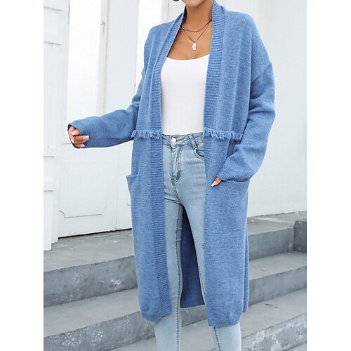 

Mulheres Sueter Cardigan Saltador Estriado Tricotar Longo Bolsos Côr Sólida Abertura Frontal à moda Casual Diário Para Noite Outono Inverno Preto Azul S M L