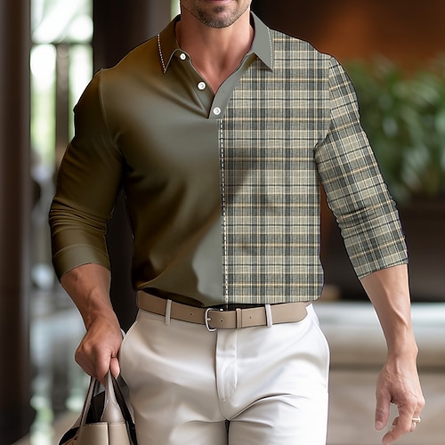 

Herren Polos mit Knöpfen Poloshirt Casual Sport Kargen Langarm Modisch Basic Farbblock Plaid / Karomuster Patchwork Taste Frühling Herbst Regular Fit Weiß Dunkelgrau Braun Khaki Polos mit Knöpfen