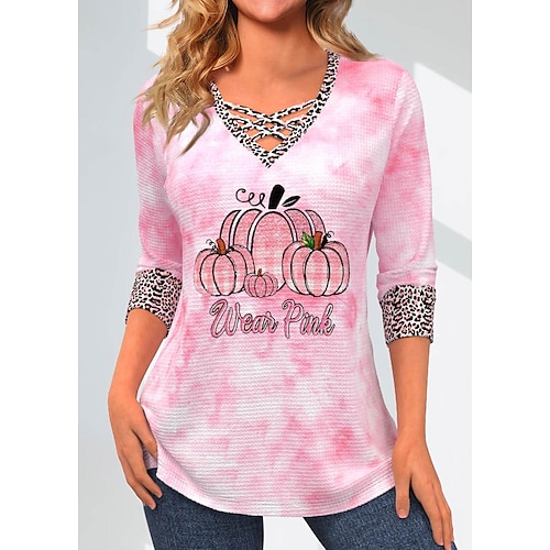 

Damen T Shirt Halloween-Shirt Rosa Leopard Kürbis Bedruckt Langarm Halloween Wochenende Basic V Ausschnitt Regular Fit Farbe