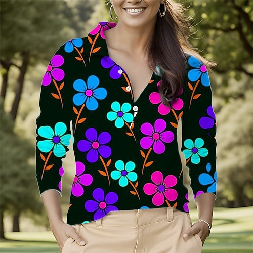 

Mujer Camisas de polo Camiseta de golf Polo con botones Transpirable Secado rápido Dispersor de humedad Manga Larga Ropa de golf ropa de golf Ajuste regular Floral Primavera Otoño Tenis Golf pepinillo