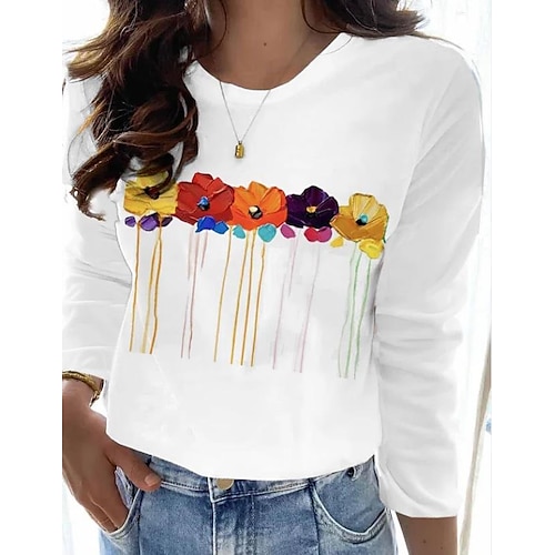 

Mujer Camiseta Blanco Floral Estampado Manga Larga Festivos Fin de semana Básico Escote Redondo Ajuste regular Flor Pintura