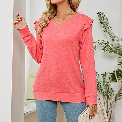 

Damen T Shirt Schwarz Rosa Armeegrün Glatt Rüsche Langarm Täglich Wochenende Basic V Ausschnitt Regular Fit