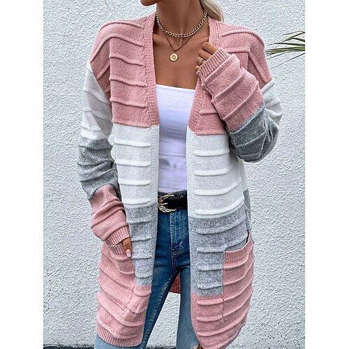 

Damen Strickjacke Strickwaren Gerippt Stricken Tunika Tasche Streifen Gestreift Öffnung vorne Stilvoll Brautkleider schlicht Outdoor Täglich Sommer Herbst Hellgrün Rosa Armeegrün S
