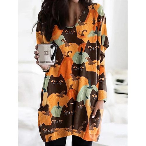 

Mujer Camiseta Vestido camiseta camisa de halloween Negro Naranja Marrón Gato Calabaza Bolsillo Estampado Manga Larga Víspera de Todos los Santos Casual Básico Escote Redondo Ajuste regular Primavera